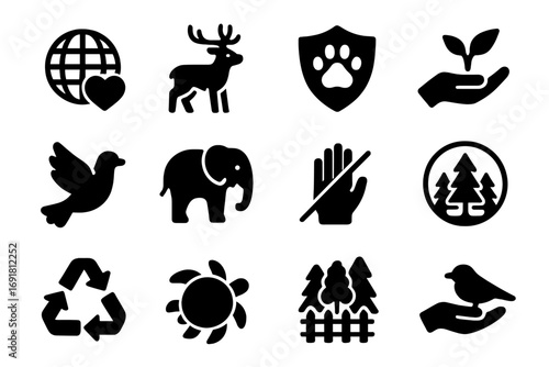 Wildlife and conservation solid icons set, filled nature and animal protection symbols vector, cartoon illustration with transparent background, environment care and ecological preservation