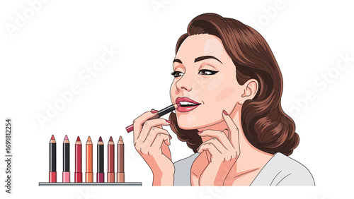 Retro woman with vintage hairstyle applying bright red lipstick from a collection of colorful lipsticks displayed on a shelf close up portrait