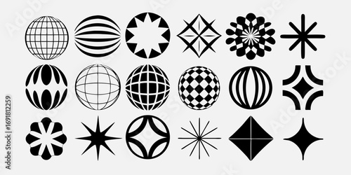 Collection of abstract geometric shapes and globes in black and white vector art