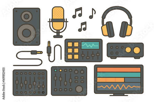 Music production and sound recording equipment set. Vector icons for studio, podcast, broadcast, DJ. Audio engineering tools like microphone, mixer, headphones, speaker. Flat design.