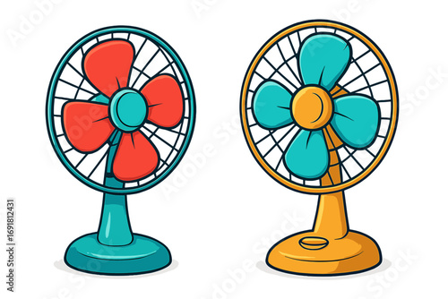 Two colorful desk fans in bright cartoon style with red and blue blades, vintage design for cooling and comfort during hot days, vector illustration with transparent background