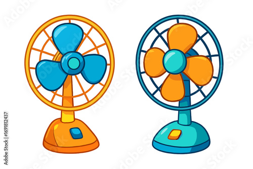 Bright colorful desk fans vector illustration, cartoon style, orange and blue fans for cooling and comfort, summer heat relief, electric fan design on white background