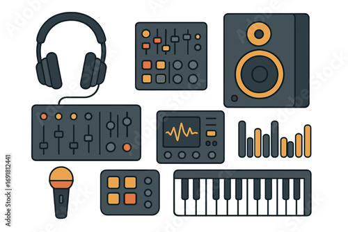 Music production and sound recording equipment icon set. Vector flat illustration of audio studio tools. Mixer, headphones, microphone, speaker, synthesizer, creativity.