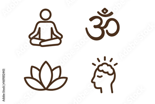 Yoga meditation mindfulness icon set. Spiritual wellness symbols. Vector line art collection with person in lotus pose, om sign, flower, and head with conscious mind.