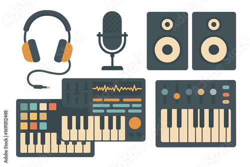 Set of music production equipment for recording studio. Vector flat icons of headphones, microphone, speakers, synthesizer, midi keyboard and drum machine for audio design.
