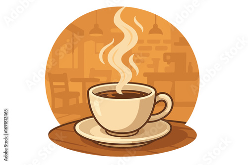 Hot coffee cup with steam in a cafe setting vector illustration. Aromatic morning beverage, espresso or latte in a mug. Concept for coffee shop menu, logo, or caffeine break.