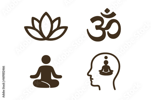 Yoga and meditation icons set. Minimalist vector symbols for spiritual practice. Includes lotus flower, om symbol, person in lotus pose, and head silhouette for mindfulness.