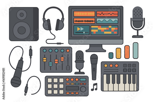 Music production icon set. Sound equipment for recording studio. Audio engineering tools vector flat collection. Microphone, mixer, headphones, synth, DAW for podcast & beat making.