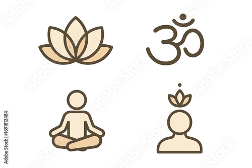 Yoga and meditation icon set. Minimalist vector symbols including lotus flower, om sign, and meditating person. For wellness, mindfulness, harmony, and spiritual concepts.