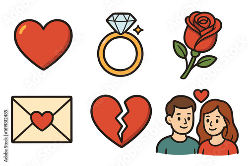 Romantic symbols collection heart, engagement ring, red rose, love letter, broken heart, couple in love icons, cartoon vector illustration, relationship and emotions set