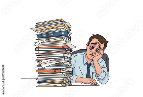 A vector illustration of an office worker exhausted and stressed, facing overwhelming tasks and a heavy workload