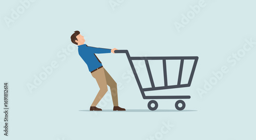 Man Struggling to Push a Heavy Shopping Cart Illustration
