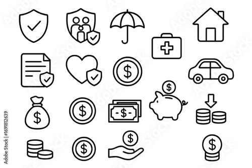 Insurance and money savings outline icon set. Financial concepts for banking, investment. Family, life, health, car, home protection. Vector pictograms for web and app.