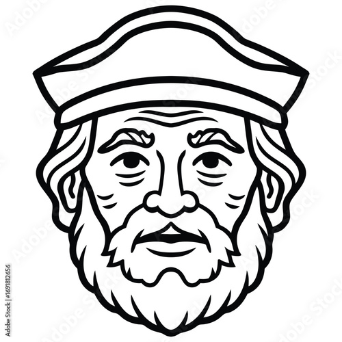 Stylized illustration of an old man with a beard and a cap. An elderly bearded man wearing a sailor's cap