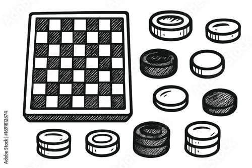 Hand drawn checkers game elements set. Doodle of draughts board and pieces. Vector illustration. Classic strategy boardgame. Logic, competition, leisure, pastime icons.