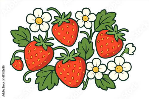 Strawberry and smiling flower cartoon vector illustration. Sweet summer berry fruit and blossom composition. Happy folk art plant graphic element. Cute kawaii food character.