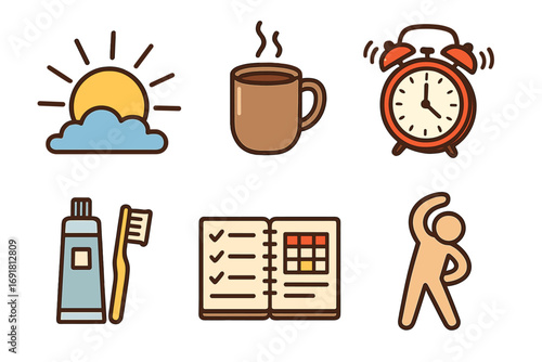 Morning routine icon pack. Healthy lifestyle concept. Daily activity set. Sunrise, coffee, alarm, hygiene, planning, exercise. Wake up, day start, schedule, good habits. Vector.