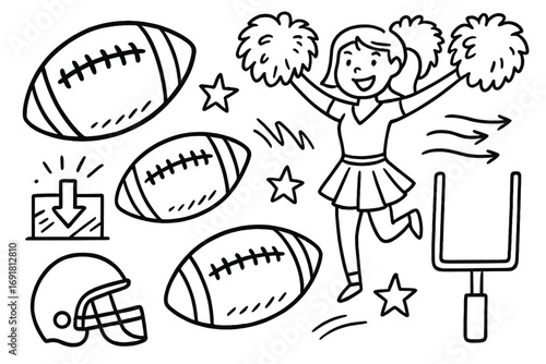American football doodle set with cheerleader and touchdown elements. Hand drawn vector cartoon illustration collection of game day icons like helmet, ball, and goal post.