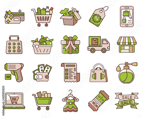 Collection of hand drawn shopping and retail icons for online stores and e-commerce. 
Shopping and E-Commerce Icon Set.