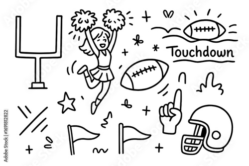 American football doodles hand drawn cartoon set. Vector illustration collection with cheerleader, touchdown, helmet, goal post, and foam finger icons for sports design.