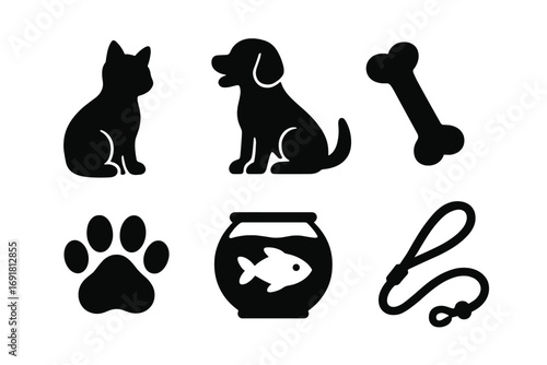 Pet icon collection with cat silhouette, dog sitting, bone shape, paw print, fish bowl, pet leash vector cartoon illustration set with transparent background for pet care and animal lover designs