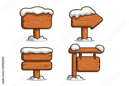 Winter wooden signboard set with snow caps, rustic cartoon style vector illustration, blank directional signs, wood panels for messages, outdoor winter theme graphic
