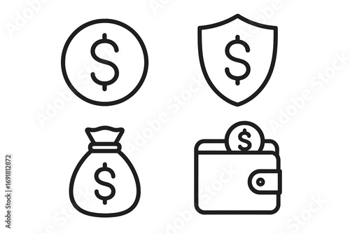 Money savings and insurance protection line icon set. Finance, investment and wealth concept. Vector icons of dollar coin, shield, money bag and wallet for app or web.