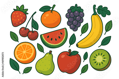 Fruit set vector illustration. Big collection of fresh organic summer fruits. Healthy food icons for diet and nutrition. Apple, orange, banana, grape, strawberry, pear, kiwi.