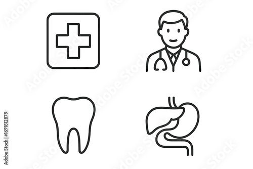 Medical and healthcare line icon set. Doctor, dentist tooth, internal organs liver stomach. Clinic, hospital pictogram collection. Minimal vector symbols. Editable stroke.