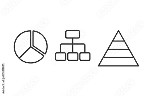 Pie chart hierarchy pyramid thin line icons set, editable stroke vector illustration for websites, books, cards, apps, business infographic elements, data visualization