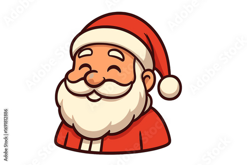 Santa Claus cartoon icon with smiling satisfied face, festive Christmas character illustration, red hat and white beard, cute vector clipart with transparent background, holiday season design