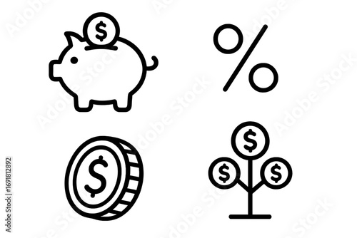 Piggy bank saving money icon, percent interest symbol, dollar coin, money tree growth concept, financial success, investment, banking outline icons for design, apps, social networks