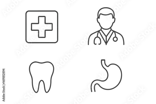 Medical line icon set with doctor, tooth, stomach, and cross symbol. Health care, medicine, dentistry, and gastroenterology concepts. Minimalist pictogram collection.