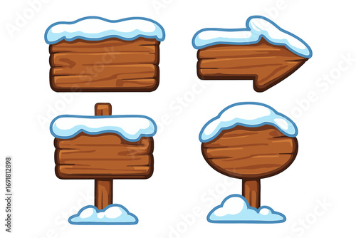 Winter wooden signboard set with snow covered cartoon illustrations, wooden directional arrow, blank rustic sign posts, natural wooden texture signs for seasonal design