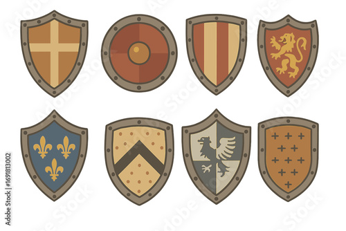 Set of various medieval shields. Vector collection of heraldic emblems for knights. Flat cartoon icons for games. Protection and security concept. Armor with lion and eagle.