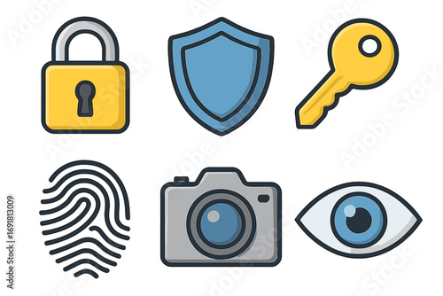 Security and privacy icons collection with lock, shield, key, fingerprint, camera, and eye symbols in vector cartoon style, transparent background, ordered set for digital protection concepts