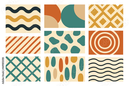 Abstract pattern collection. Set of various textured geometric and organic shapes. Retro seamless backgrounds in a minimalist flat design style. Modern vector illustration.