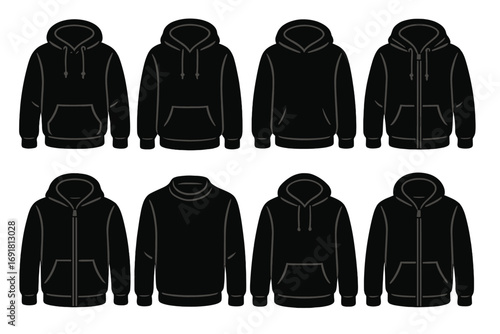 Black hoodie mockup set. Vector collection of sweatshirt templates. Front view of casual apparel with pullover and zip-up styles. Fashion design illustration for clothing.