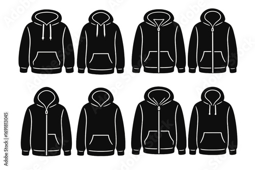 Hoodie silhouette set. Vector collection of various hooded sweatshirts. Pullover and zip-up styles with front view. Black icon apparel design element. Casual clothing mockup.