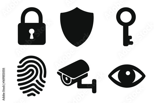 Security icons set with lock, shield, key, fingerprint, surveillance camera, and eye silhouette. Vector cartoon illustration for cybersecurity, protection, privacy concepts, transparent background