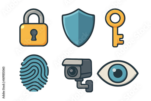 Security and privacy icons collection with lock, shield, key, fingerprint, surveillance camera, and eye, vector cartoon illustration set, transparent background, digital safety symbols