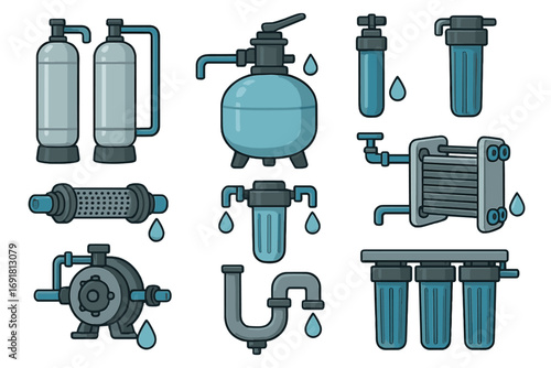 Industrial water treatment elements icon set. Vector cartoon illustration of essential filtration and purification systems, pump, pipe, and tank for clean liquid plumbing.