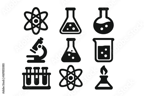 Science icons set featuring modern silhouette lab equipment and atomic symbols, microscope, test tubes, flasks with bubbles, Bunsen burner, chemical glassware, vector illustration