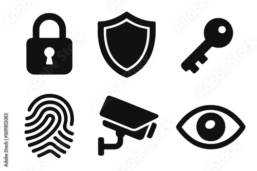 Security icons set including lock, shield, key, fingerprint, surveillance camera, and eye symbols in bold black silhouette style for cybersecurity and protection concepts vector illustration