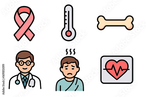 Medical icon set. Healthcare symbols collection: doctor, sick patient, pink cancer ribbon, thermometer, bone, cardiogram heart pulse. Vector for web and app design.