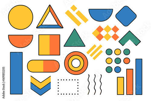 Big set of vector geometric shapes. Abstract basic figures. Modern colorful flat primitive forms constructor. Circle, triangle, square for creative graphic design projects.