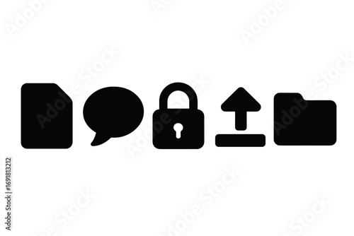 Silhouette icon set of file, chat bubble, padlock, upload arrow, and folder. Flat vector illustration with transparent background. Organized minimal design for digital and web use.