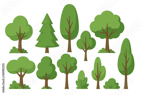 Vector flat illustration of various green trees and bushes in natural forest setting, cartoon style, isolated on transparent background, perfect for design projects and nature themes