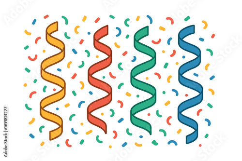 Colorful serpentine ribbons with confetti background in flat style vector illustration, festive party decoration, celebration elements set with transparent background, ordered design collection
