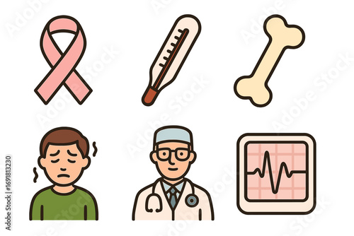 Healthcare and medicine line icon set. Vector symbols for medical design. Includes cancer awareness ribbon, thermometer, bone, ill person, doctor, and cardiogram EKG monitor.